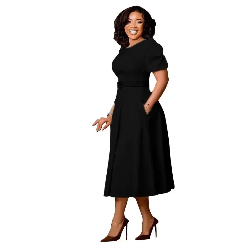 

Ladies Office Dresses Women Formal Work O-Neck Puff Sleeve Wrap Waist A-line Dresses with Belt Bodycon Dress African Dresses