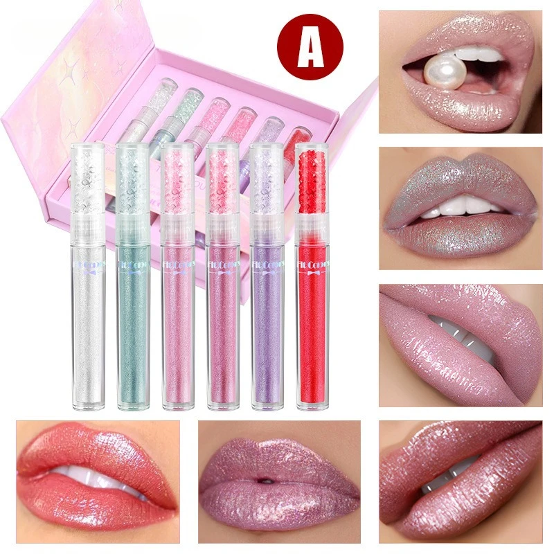 Juego de 6 piezas de brillo de labios de diamante, acabado brillante, aceite de labios hidratante, lujosa caja de regalo para mujer y novia, belleza