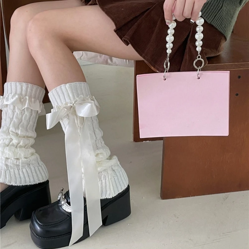2026 Y2k Aesthetic Leg Warmers Women Autumn Contrast Color Bandage Bow Twist Long Socks Harajuku Knitted Girl Grunge Leg Warmers