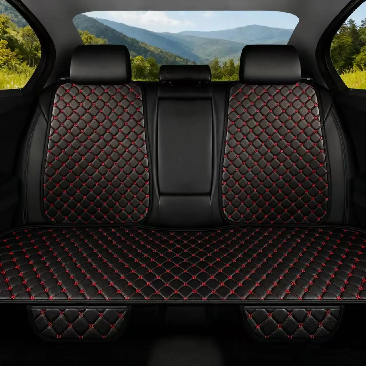 Leather Car Seat Cushion Four Season Universal Small Three Piece Whole Car 7-Piece Set with Mobile Phone Storage Bag for Conveni