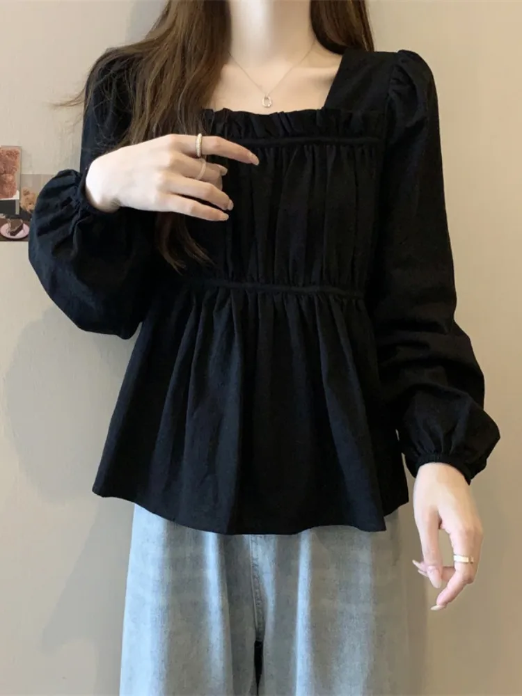 

Blouses Top Femme Long Sleeve Square Collar Blouse Womem Blouses 2024 Solid Color Blouse Shirt Pullover Blouse Female V71