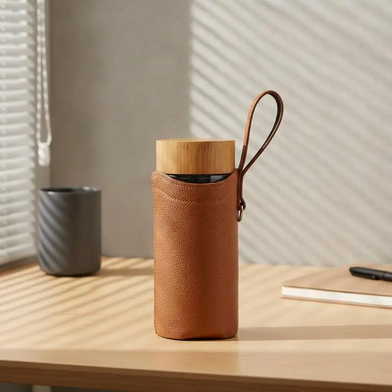 High-End Thickened PU Leather Glass Water Cup Protector Universal Insulated Mug Cover With Hand Strap Elegant Modern Style