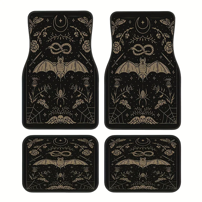 Fit For All Vehicles - Black & Golden Gothic Bat Design Floor Mats, Durable Polyester Non-Slip Cargo Liners With Intricate Flora