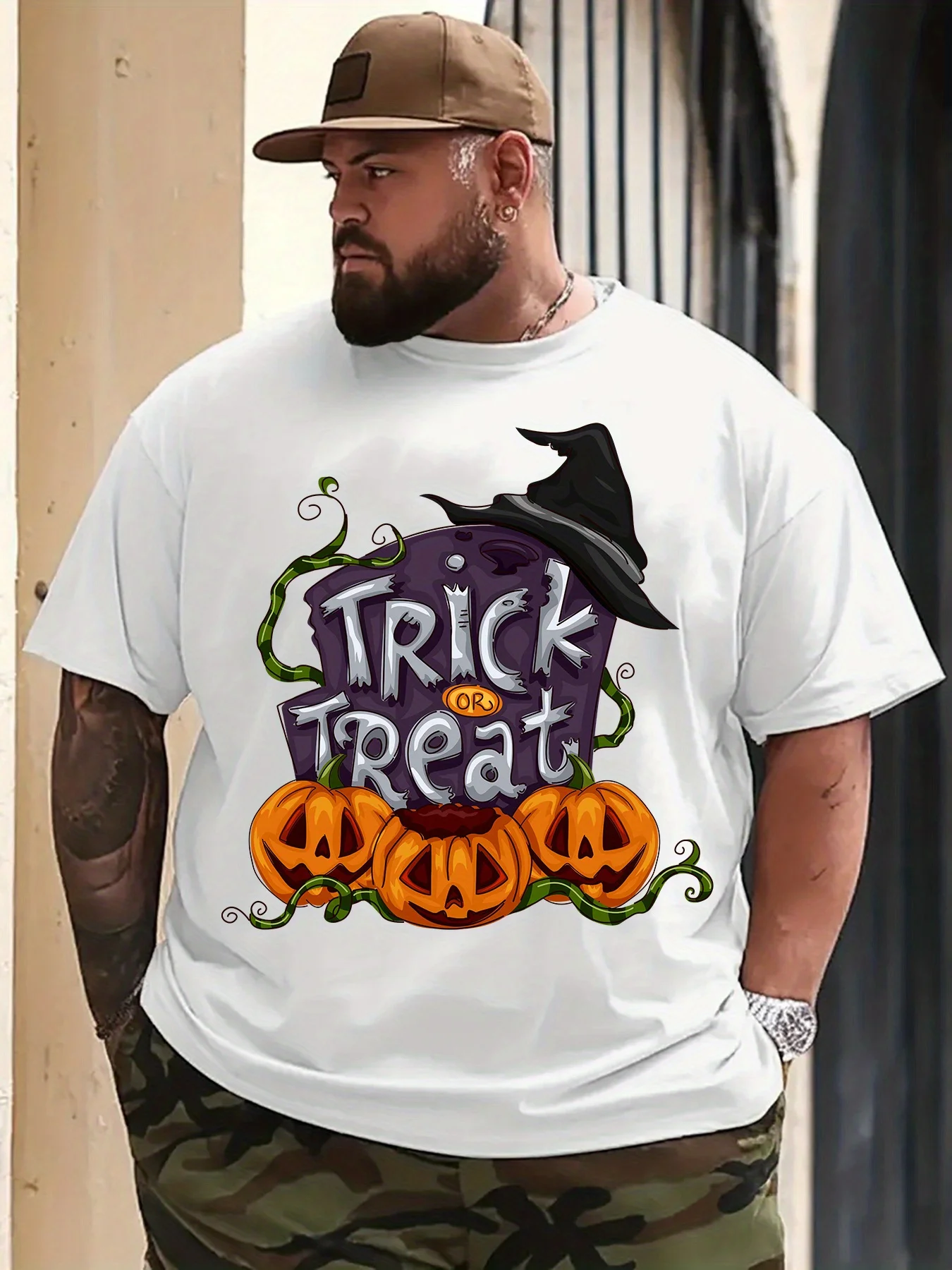 TRI OR TREAT Thema T-shirt - Katoenen T-shirt met pompoenlantaarn-heksenhoedprint (voor zowel mannen als vrouwen) - Ideaal voor feestelijke outfits