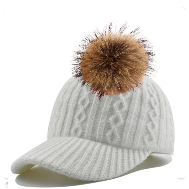 Knit Baseball Cap With Real Fur Pom Winter Baseball Cap Fur Pom Hat Adjustable Cap Sun Hat Bonnets For Women