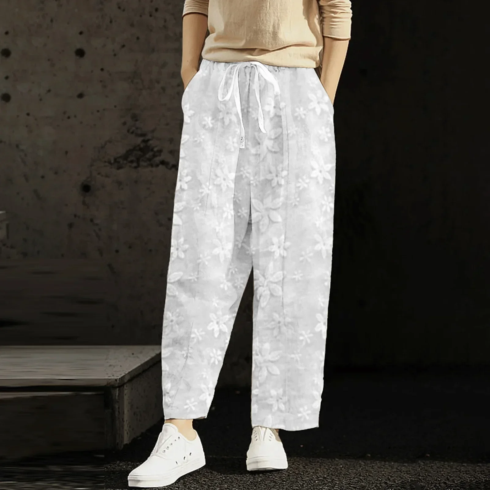 Women Embroidery Pants Summer New Casual Trousers White Elastic Waist Lady Sreet Pocket Ankle-lengh Clothing
