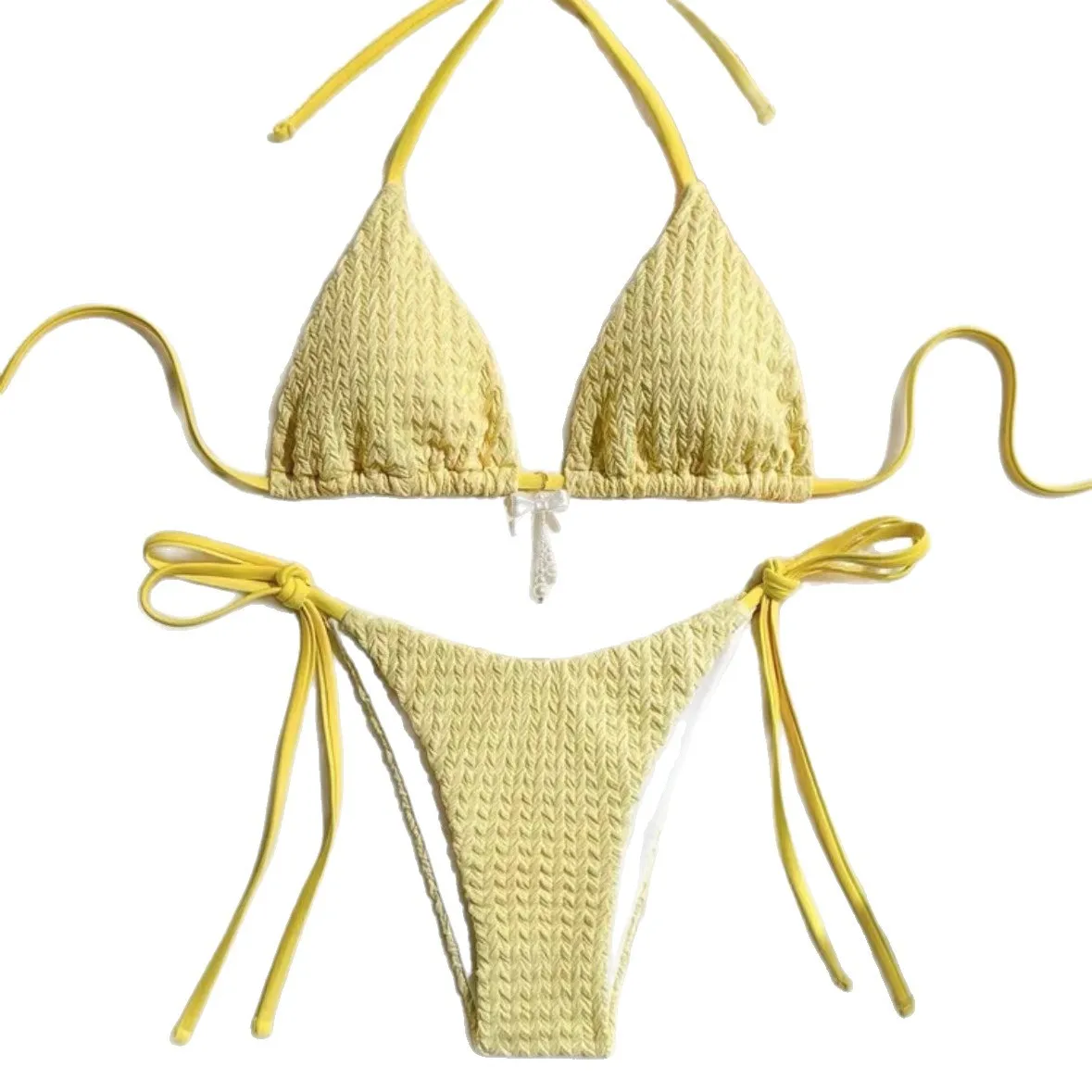 Yellow Halter String Triangle Micro Bikini Thong Solid Swimwears Bow Pearl Sexy Swimsuit Women Bathing Suit Bikinis Sets 2026