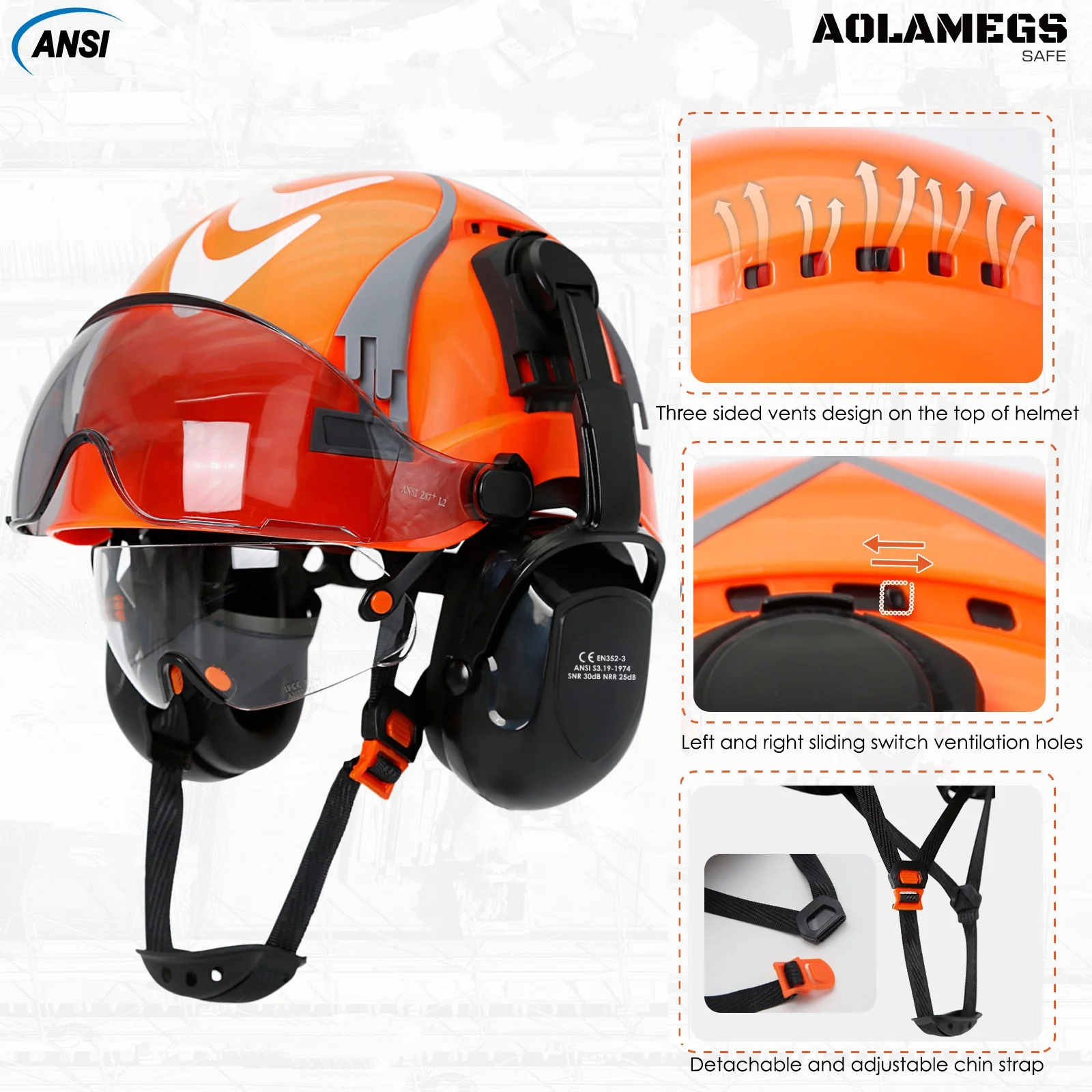 Industrial Safety Helmet With Double Goggles Earmuffs Reflective Stickers Construction Hard Hat Work Head Protection