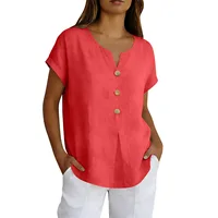 2026 Summer Basic Blouses Women's Shirts Solid Color Casual Short-Sleeve Cotton Linen Fashion Plus Size V-Neck Loose Button Tops 2