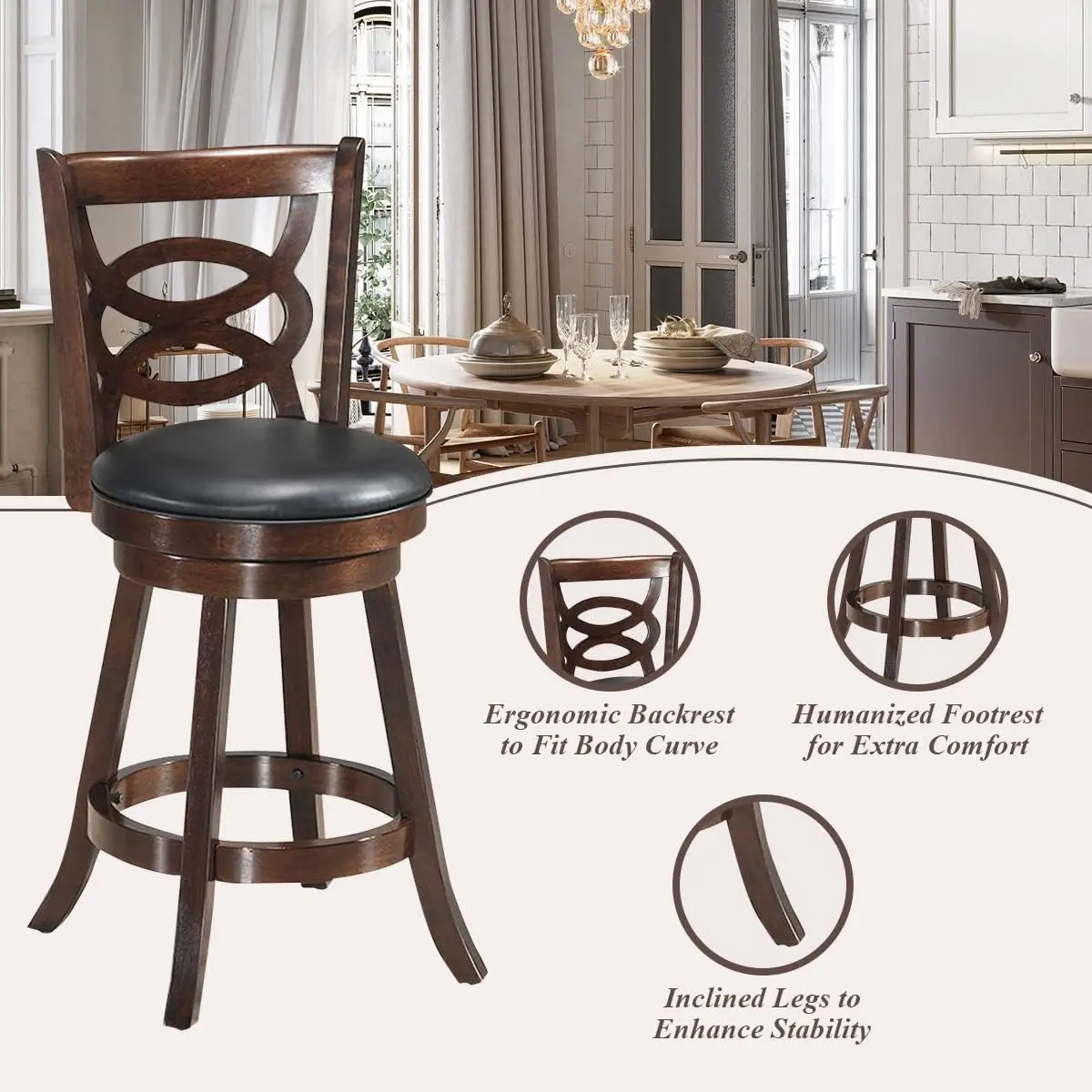 Costway Bar Stools Set Of 2, Counter Height Dining Chair, Fabric Upholstered 360 Degree Swivel, Pvc Cushioned Seat, Perfect For