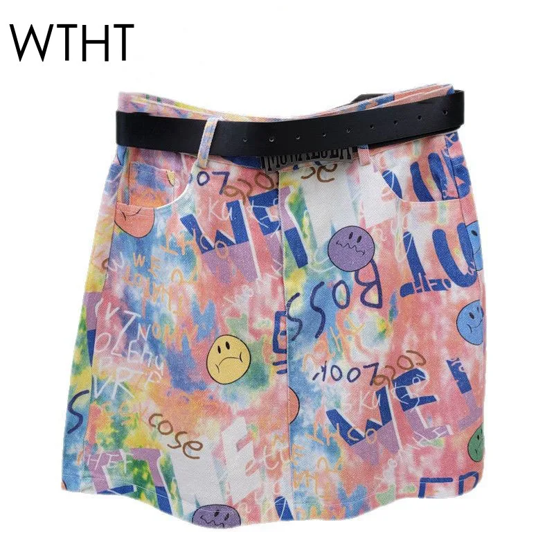

WTHT Trendy Women's Irregular Letter Print Denim Mini Skirt Fashion Hip-wrapping A-line Skirts Female 2025 Summer 1LS1496