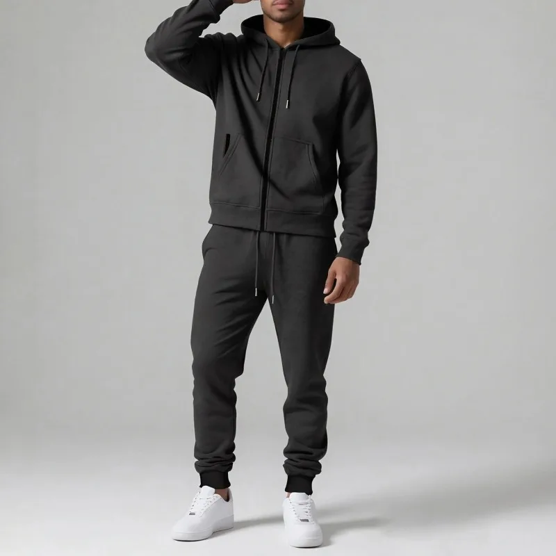 

Autumn Winter Men Sets Zipper Hoodies+Pants Two Pieces Sets Thicken Warm Sportswear Suits Solid Color Male Casual Sports Outfits