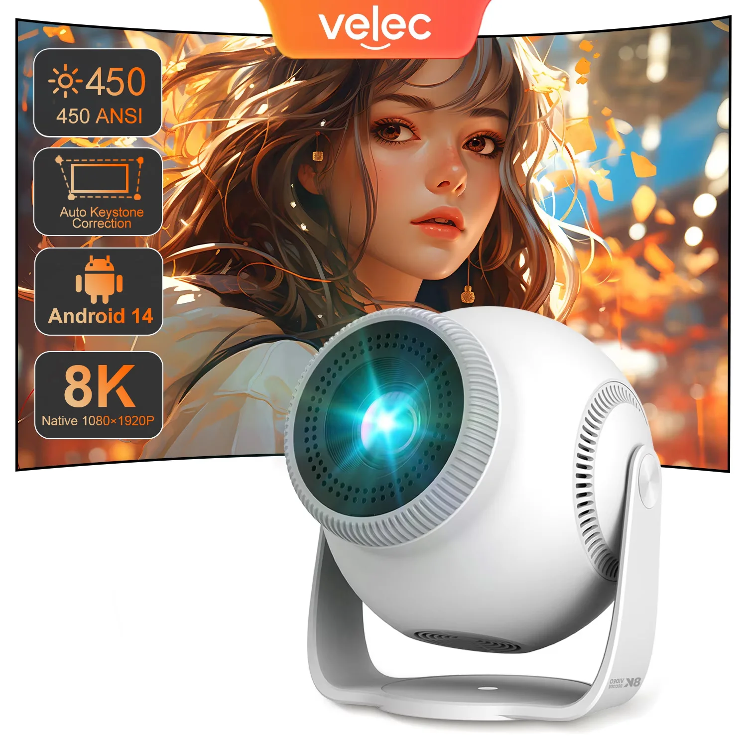 

Velec Android 14 Smart Projector 450 ANSI 720P with 8K Video Decode Auto Focus Portable Outdoor Movie Projector for Home Theater