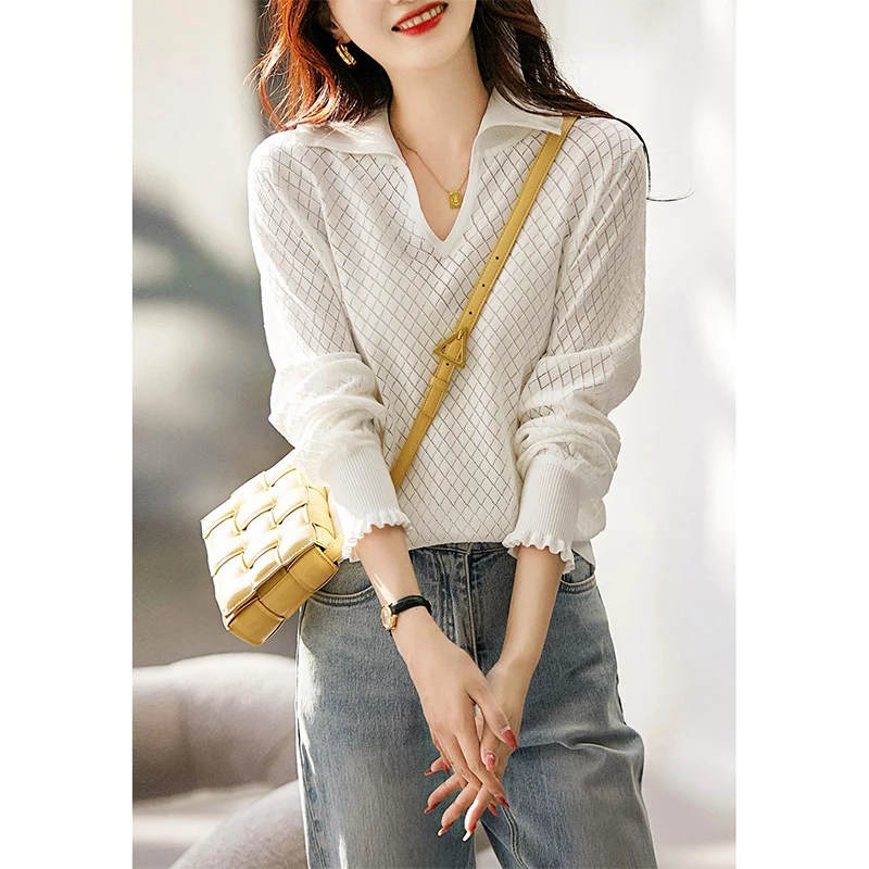 

Ele V-Ne Hollow out Long Sve Knitted Ice Silk Base irt Slimming Diamond Pattern Design Early Autumn Faion Top