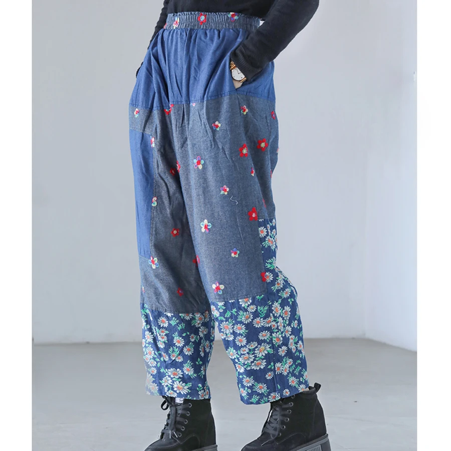 LZJN Ethnic Style Womens Cotton Pants New Product For Winter 2024 Retro Floral Cloth Splicing Loose Radish Long Pants