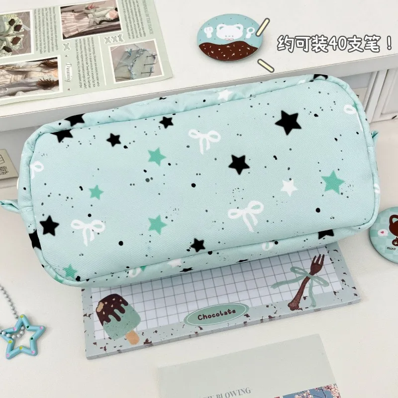 Trousse à crayons mini carrée style Ins, motif étoile menthe, sac de papeterie grande capacité, durable et de haute qualité pour l'école