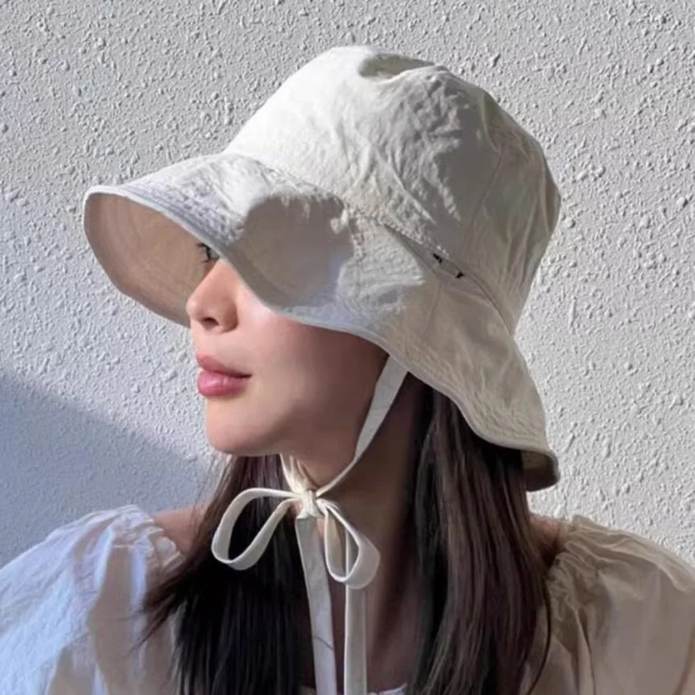 Fashion Solid Color Sunscreen Bucket Hat Breathable Thin Fisherman Hat with Strap Foldable Wide Brim Sun Hat Beach