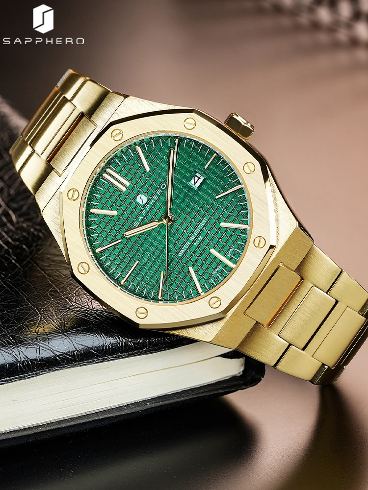 SAPPHERO-Reloj de pulsera de acero inoxidable para hombre, cronógrafo de negocios de lujo, color verde dorado, diseño octagonal, luminoso,