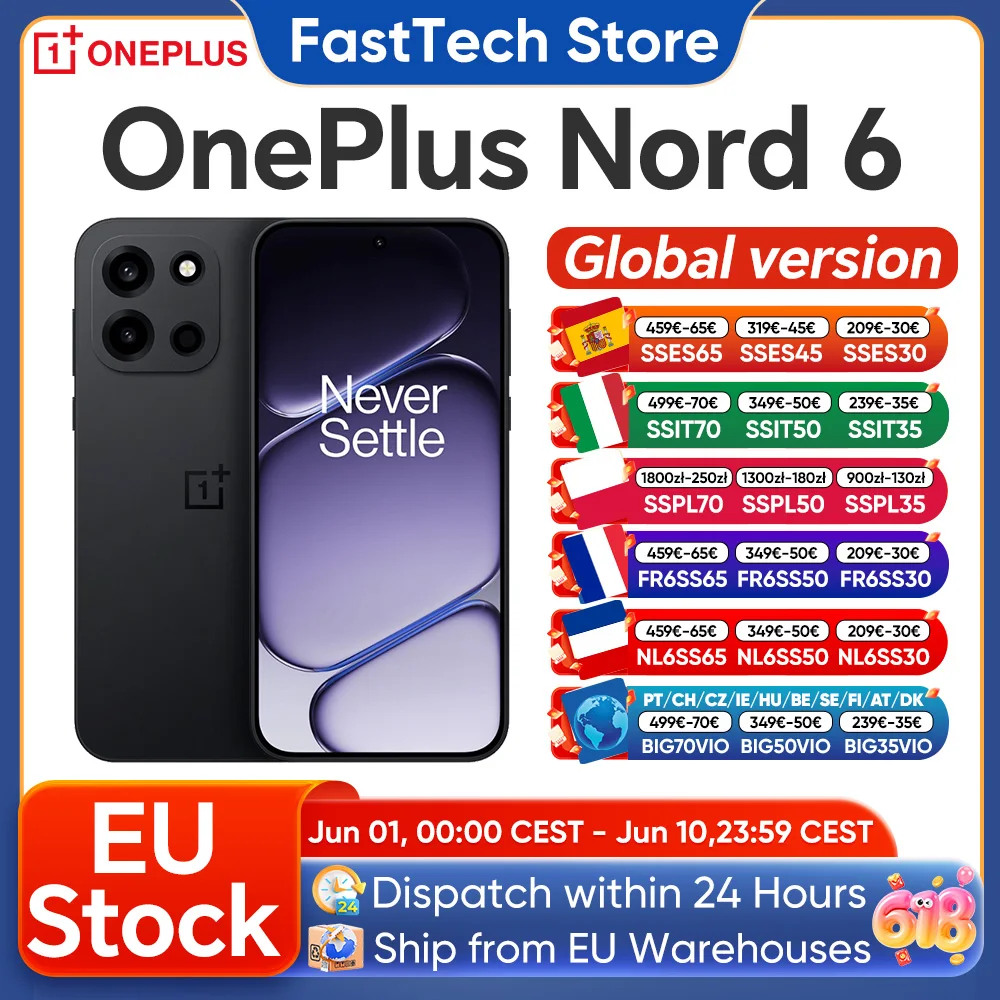 Smartfon OnePlus Nord 6 5G GlobalVersion Snapdragon 8s Gen 4 165Hz 165FPS 6.78” AMOLED Display 7500mAh 80W SUPERVOOC Charging 50MP SONY z główną kamerą z systemem OIS o podwójnej osi