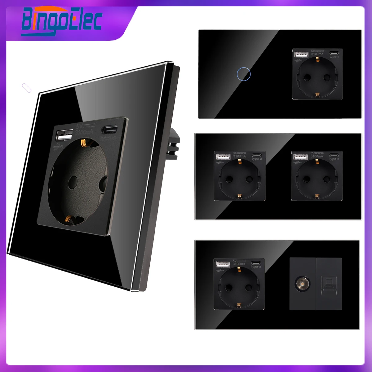 bingoelec-painel-de-vidro-preto-para-melhoria-home-tomada-com-usb-tv-computador-internet-conector-de-rede-rj45-padrao-da-ue