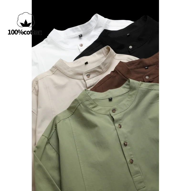 100% Cotton Heavyweight Fabric, Japanese-Inspired Style for Casual Streetwear Men's Retro Stand Collar Long-Sleeve Shirt