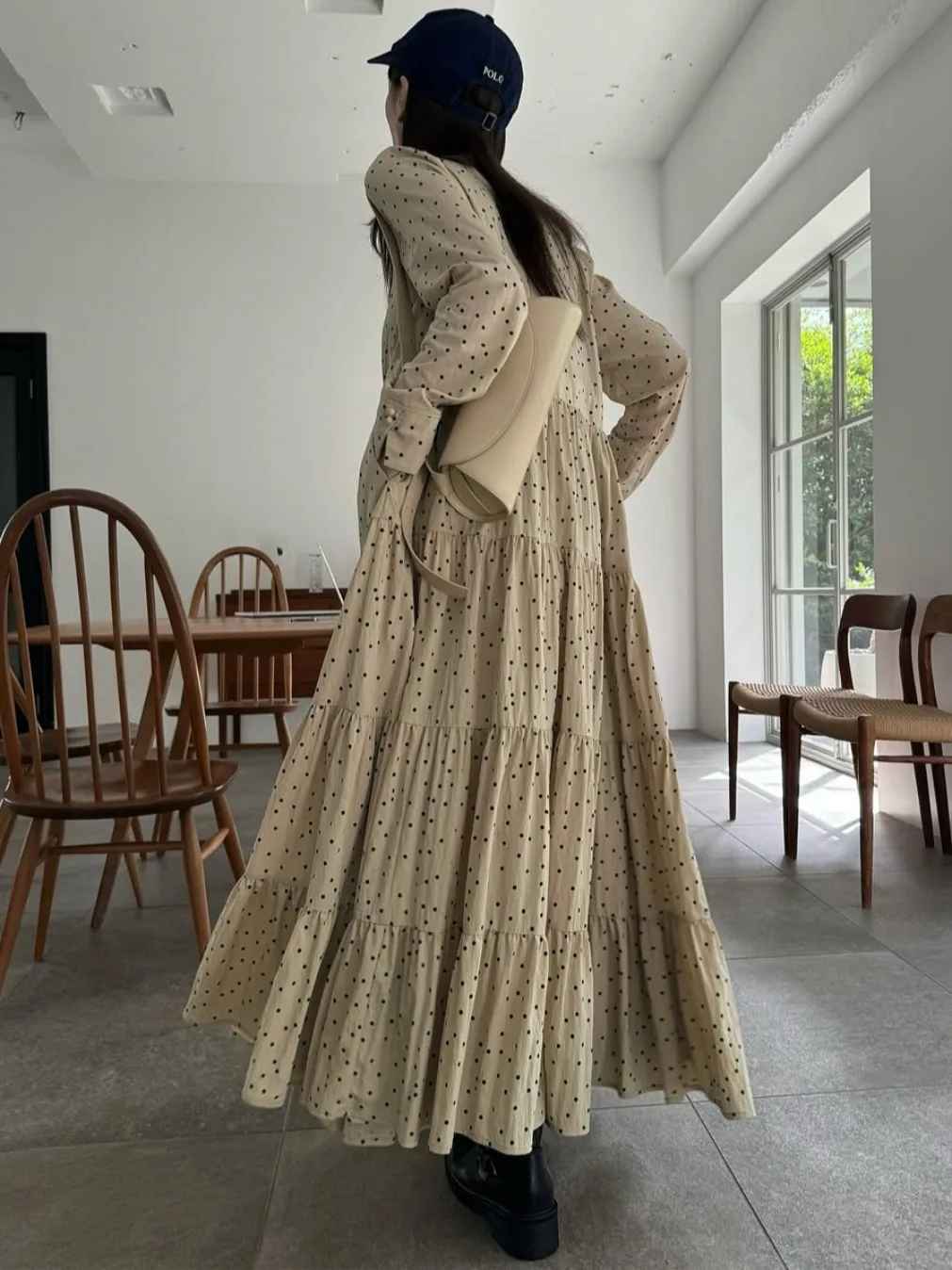 Ele V-Ne Long Sve 폴카 도트 프린트 Maxi Dr 여성 가을 ​​Faion Long Tea Break 스커트 Trend Street Sle Dr