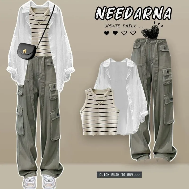 

Fashionable Casual Summer Set Women's 2026 New Style Versatile Shirt Vest Retro Workwear Pants Three-piece Set