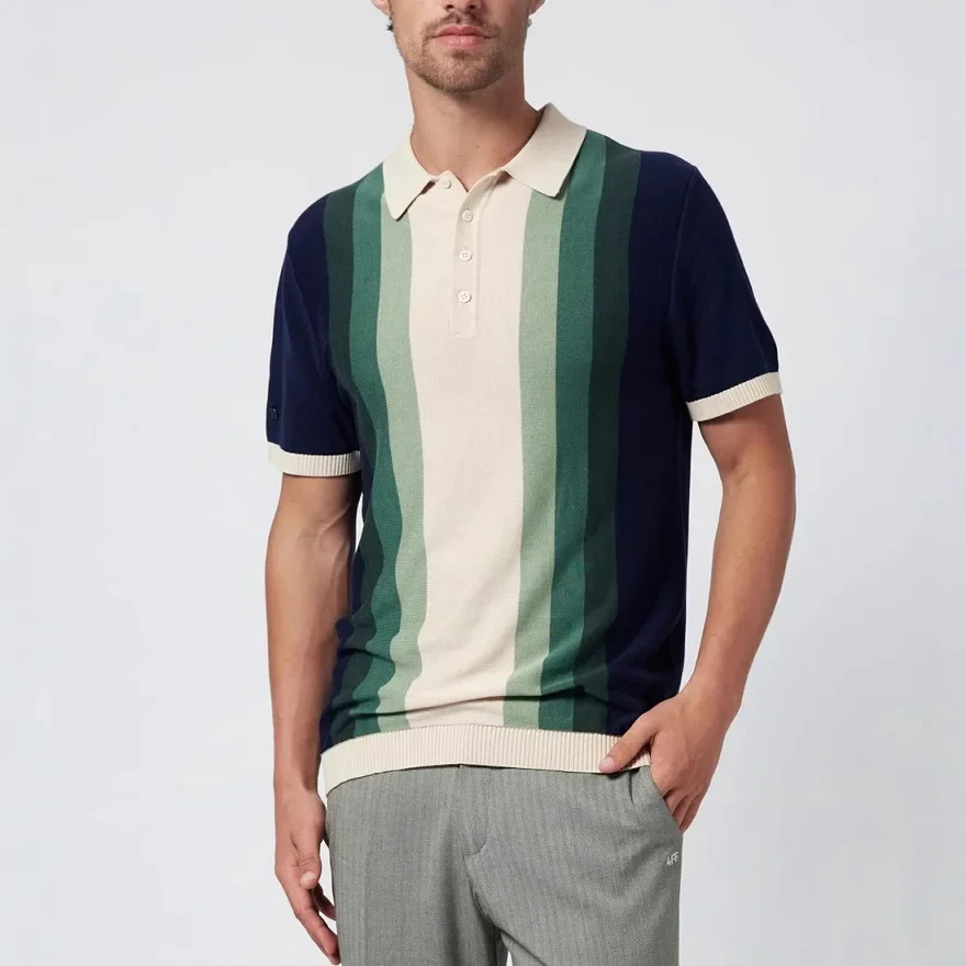 Spring Summer New Fashion American Men's Casual Trendy Turn-down Collar Short Sleeve Striped Loose T-shirts Male Polo-shirts