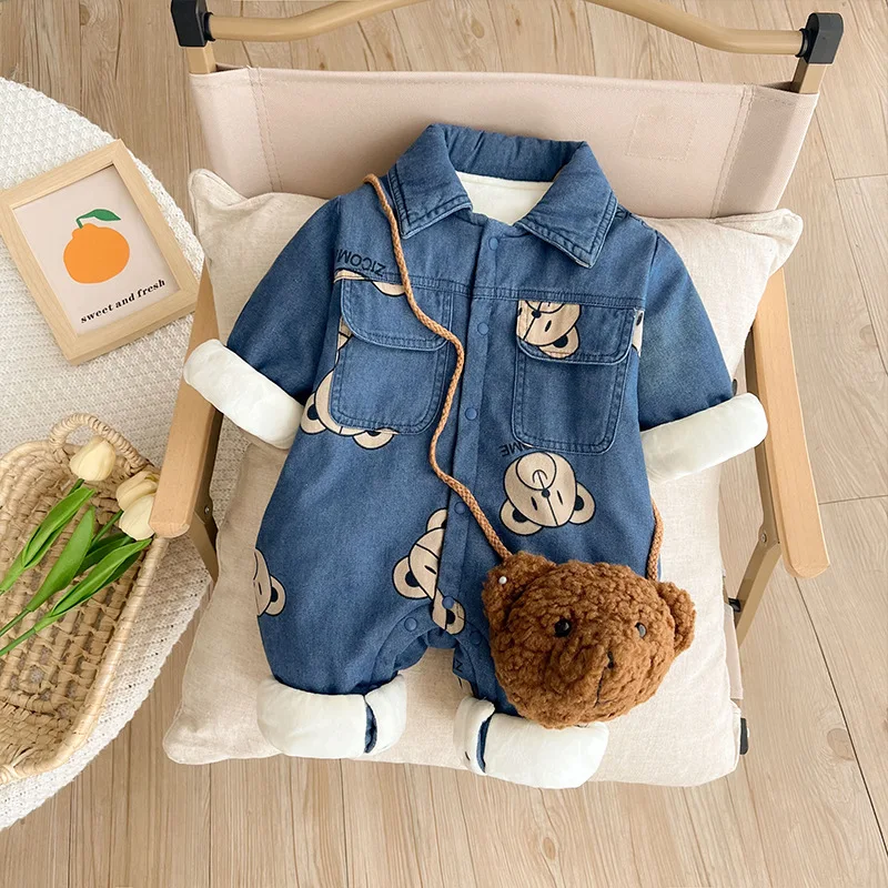 Autumn Winter Ins Newborn Boys Romper Cartoon Bear Cute Velvet Thickened Denim Fabric Baby Boys Bodysuit Soft Infant Boy Parkas 