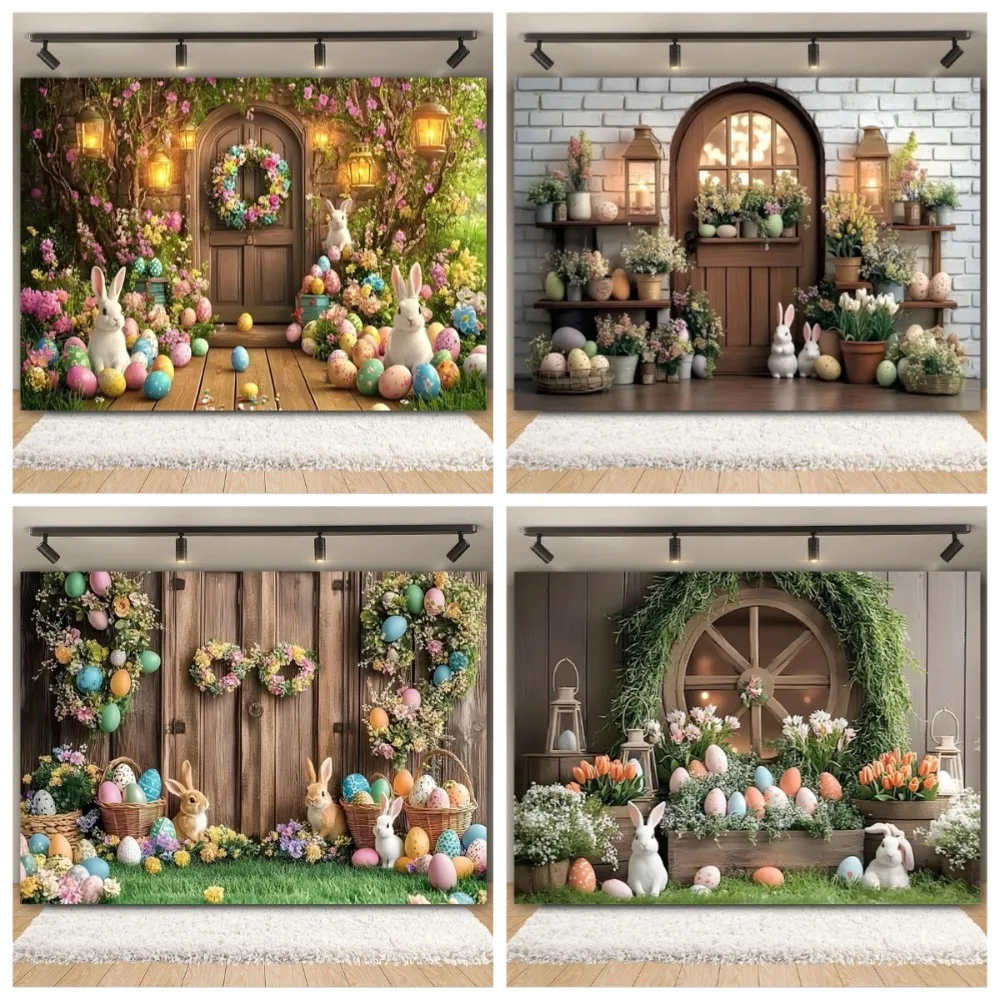 

Spring Easter bunny Easter egg photography Backdrop, wooden door white brick wall children's birthday decoration banner Backdrop