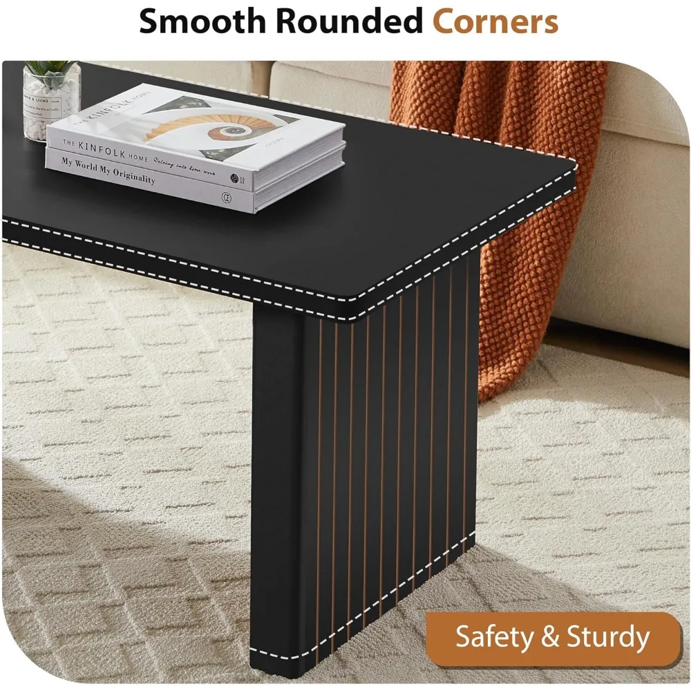 Mid Century Modern 43 Inch Wooden Coffee Table with Fluted Legs and Rounded Corn for Living Room