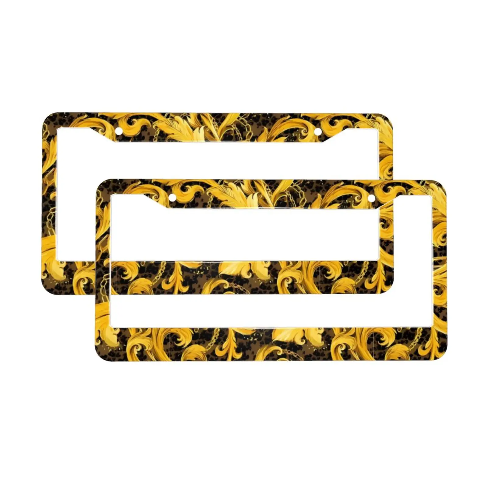 Vintage Baroque Golden Lace Pattern Car License Plate Frame 2 Pack License Plate Holder with 2 Holes Car Tag Frame for Women Men