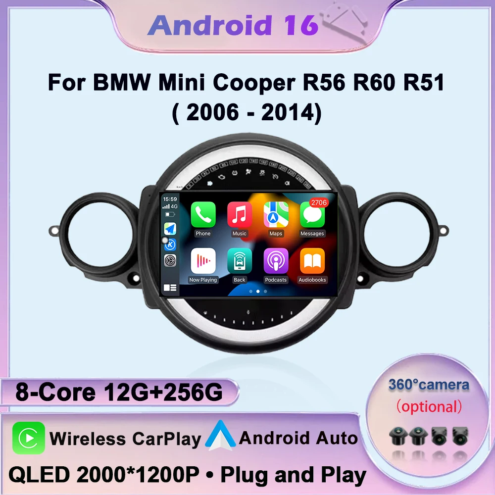 9 Inch For BMW Mini Cooper R56 R60 R512006-2014 Android 16 Car Radio Multimedia Player Navigation DSP Stereo WIFI Cooling Fan