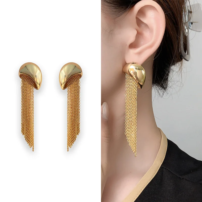 XIALUOKE Metallic Geometric Long Tassel Earrings For Women European American Style Multilayer Chain Earrings Accessories