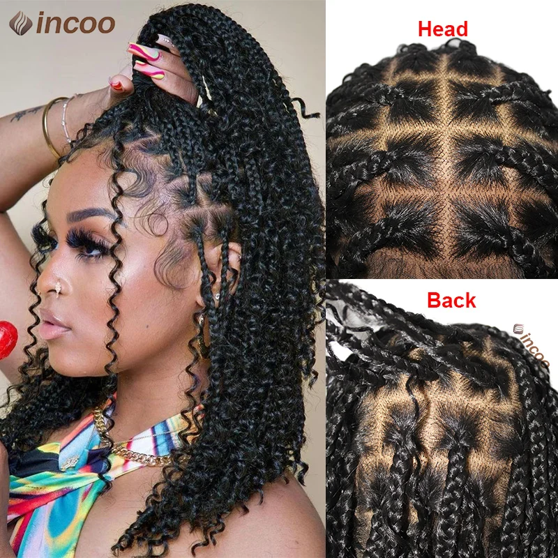 12 Inch Short Boho Braided Wigs Square Part Knotless Box Braids Wig Curly Ends Synthetic Full Lace Wig Cornrow Bob Wig For Women