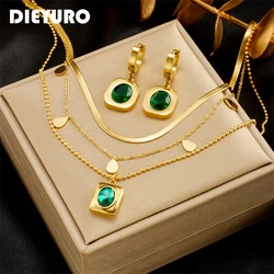 DIEYURO 316L Stainless Steel Oval Green Crystal Charm Necklace Earrings For Women Girl New Trend Non-fading Jewelry Set Gift