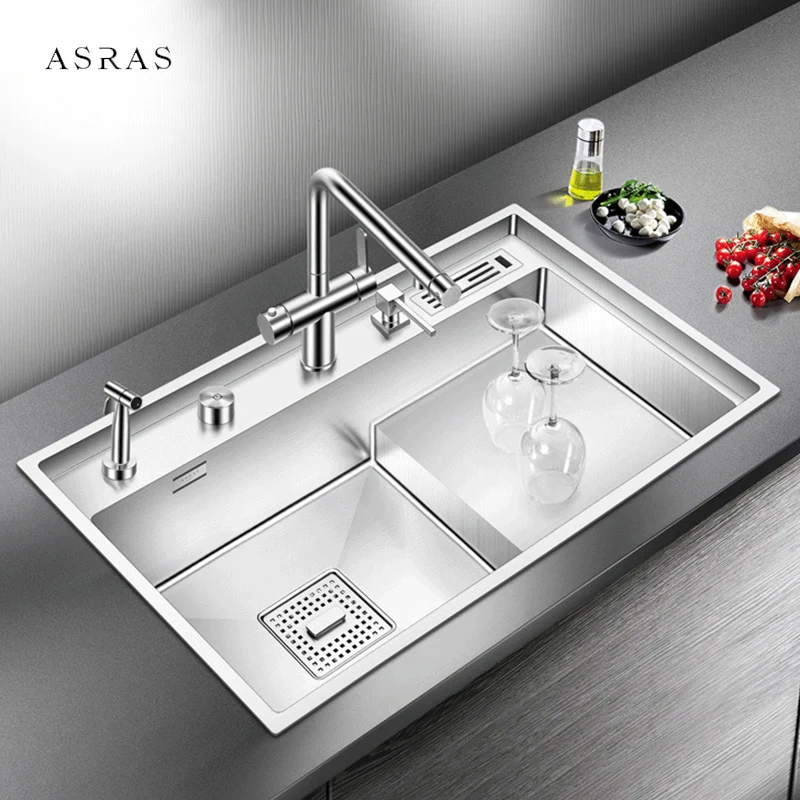 ASRAS 304 Stainless Steel Kitchen Stepped Sink 4mm Thickness 220mm Depth Large Size Handmade Brushed Stepped Kitchen Sinks