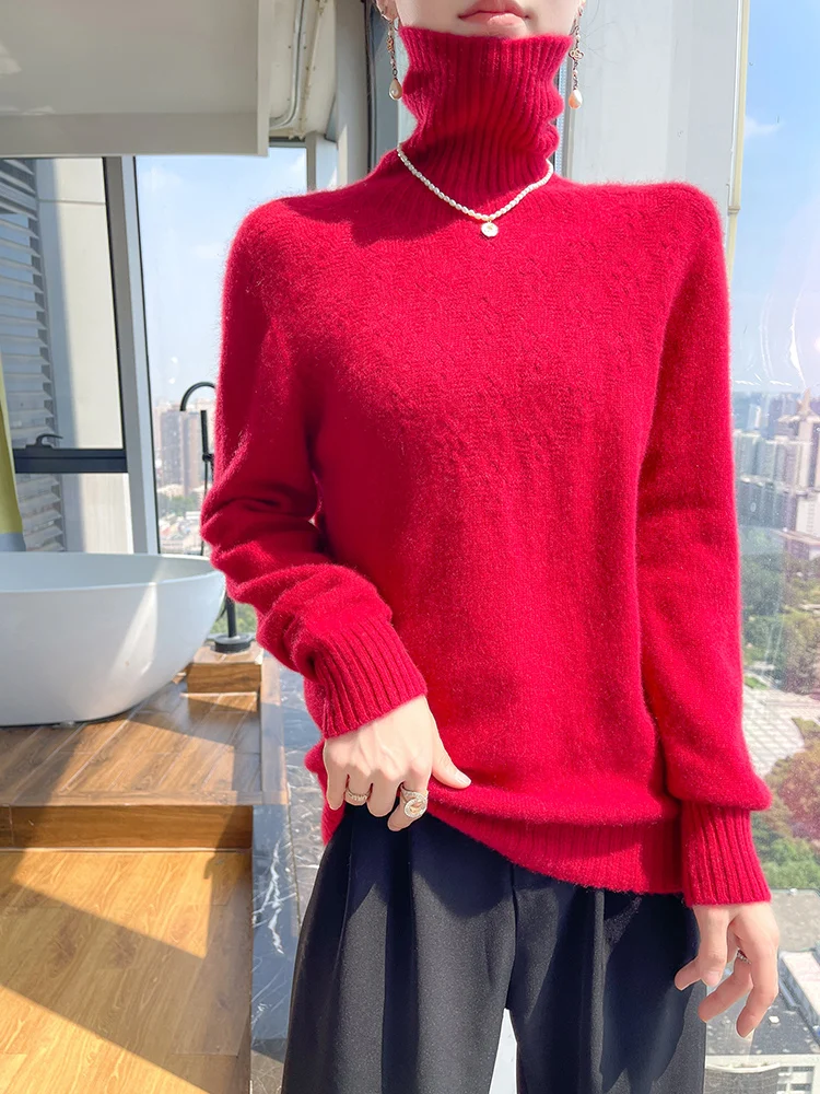 

High Quality Merino Wool Sweater Autumn Winter Women Turtleneck Striped Slim Knitted Pullover Casual Basics Thick Cashmere Top