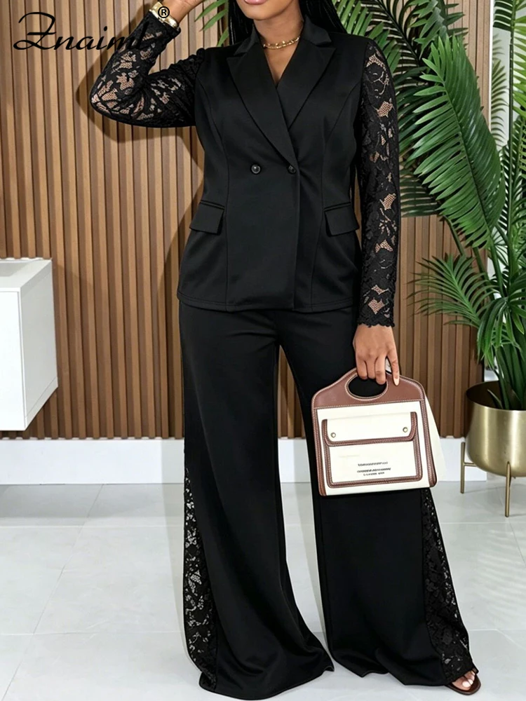 

Znaiml Black Lace Sleeve Double Breasted Blazer Wide Leg Pants 2-Piece Suit Elegant Formal Office Evening Outfit for Women Set