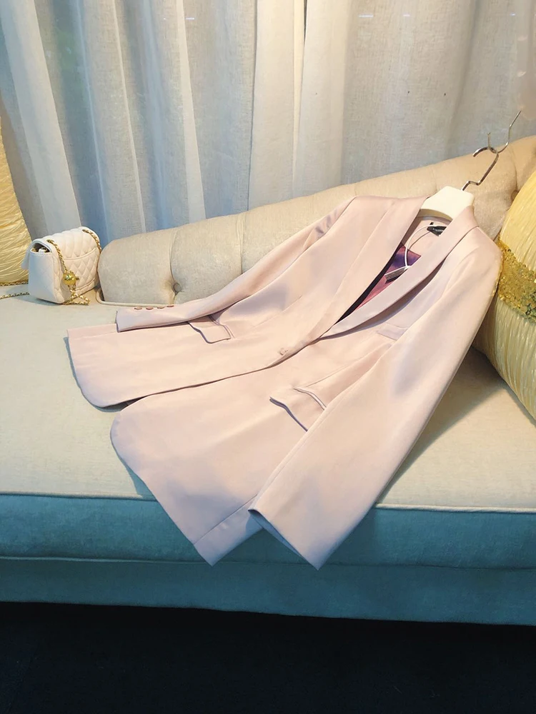 

Pink Acetate Satin Loose Fit Briti Sle Celebri Favored Suit Jaet Ele Quali Design Long Sve Original Sle