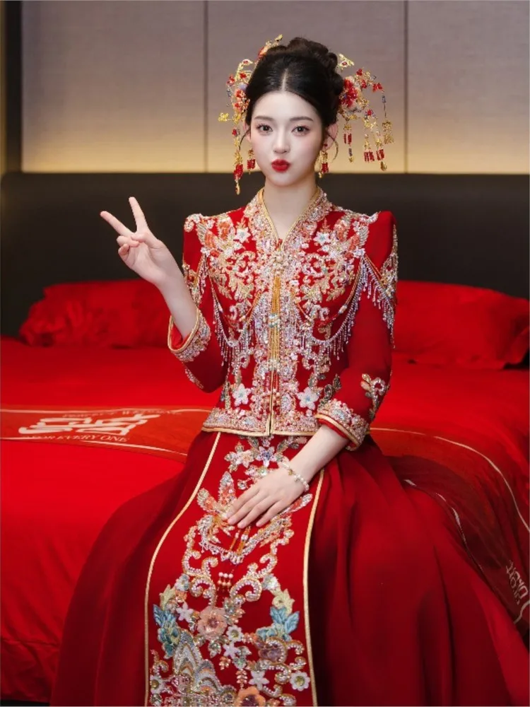 Velvet bride's wedding new-style dress Chinese-style gown for women