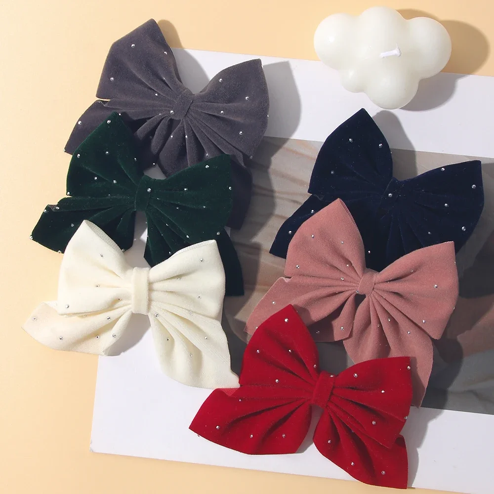 2PCS/Set Girl's Favorite Cute Bow Hair Clip Diamond Embellished Velvet Solid Color Bow Alloy Safe Hair Accessory Kids Gift image 5