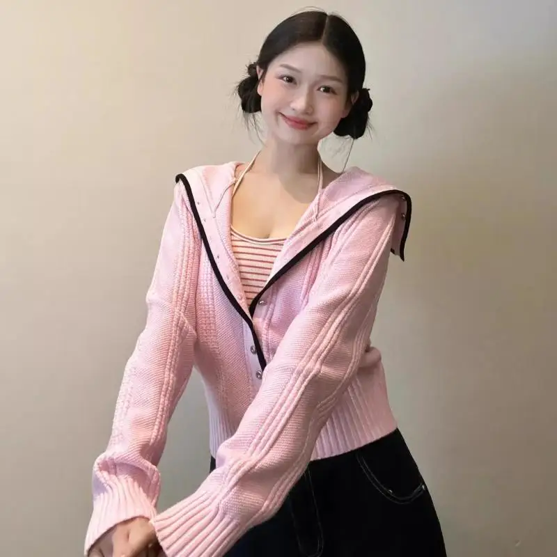 Korean Sweet Women's Navy Collar Knitted Jacket Fashionable Temperament Y2K Girls' Sweater Cardigan Youth Sweater Comfortable
