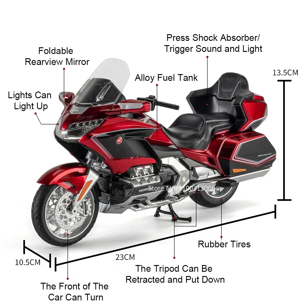 1:11 Honda Gold Wing GL800 2021 motocicletas modelos coches juguetes neumáticos de goma con música ligera modelo en miniatura regalos para niños pequeños