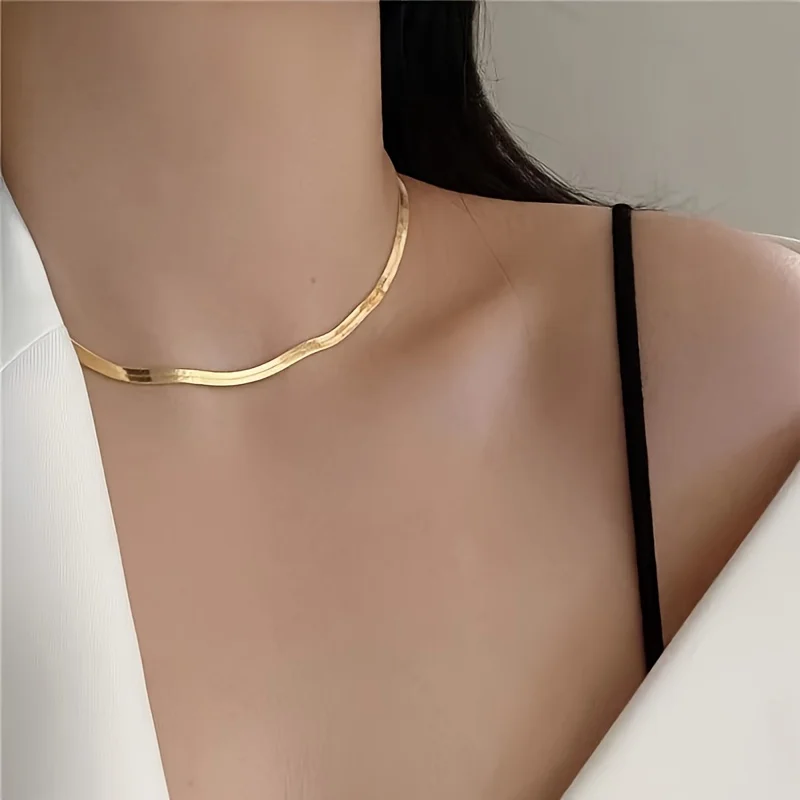 Korean Fashion Stainless Steel Gold Plated Chain Herringbone Necklace Golden Choker Necklaces for Women Girl Gifts Party Jewelry