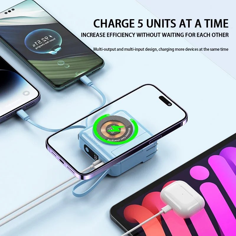 Wireless Magnetic Charging 2 in 1 Removable Plug Rechargeable Battery Charger with Dual Cables Fast Charging for iPhone Samsung