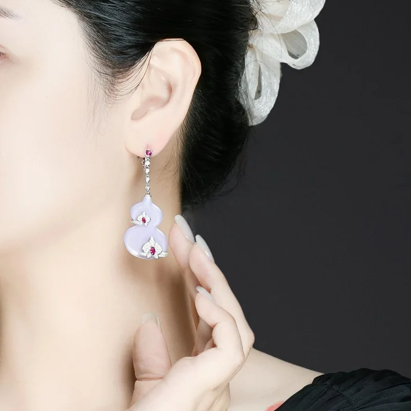 BELLUX الأصلي 925 أقراط فضية زهرة نمط الكرمة التفاف تصميم ضوء فاخر الأرجواني العقيق القرع أقراط