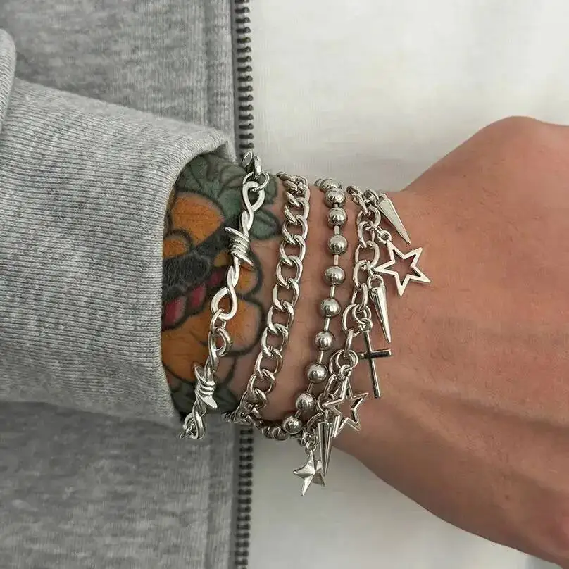 

SHIXIN Trendy Multi Layer Stackable Cuban Chain Bracelet Men Hip-Hop Pentagram Jesus Cross Rivet Pendant Bracelet Punk Jewelry