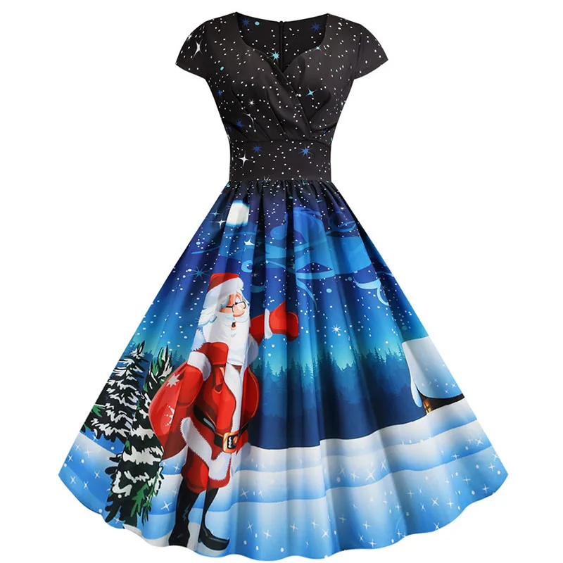 Santa Claus Print Vintage Frauen Weihnachten Party Kleid Robe Femme 3XL Casual V-ausschnitt Elegante Midi Vestidos