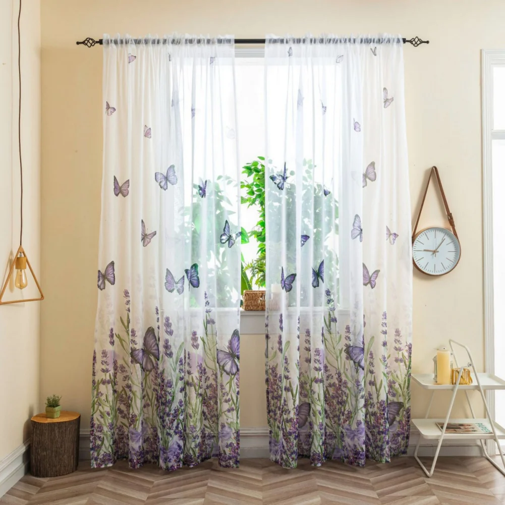 Butterfly Blackout Curtain Panels 1 Panels Modern Butterflies Digital Print Rod Pocket Blue Voile Tulle Window Treatment